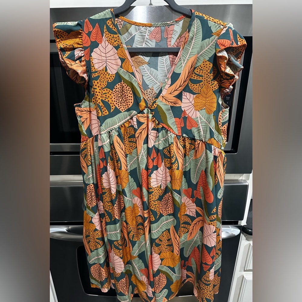 Floral Leaf Print Midi Dress - Green Multi flowy oversized beach dress cover up